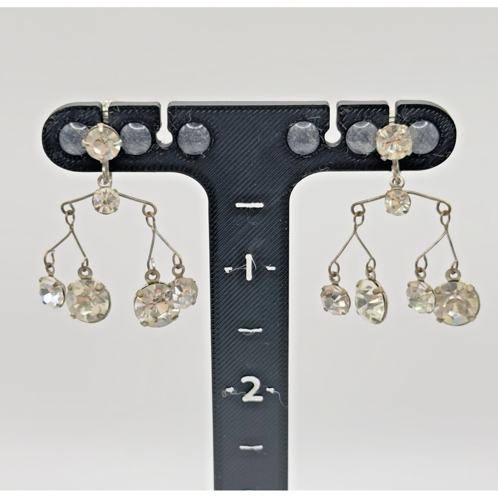 Vintage Dangle Chandelier Earrings Clip On Clear Rhinestones Antique Silver Tone